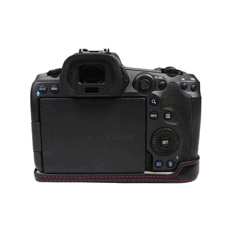 Uniqkart for Canon EOS R5 / R6 / R62 PU Leather Camera Bottom Case Battery Opening Design Flannel Lining Protective Half Body Cover - Black Uniqkart for Canon EOS R5 / R6 / R62 PU Leather Camera Bottom Case Battery Opening Design Flannel Lining Protective Half Body Cover - Black